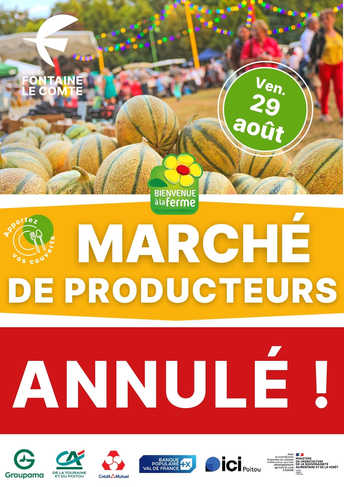 Affiche pour le Marché annuel des producteurs à Fontaine-le-Comte, le 29 août. Des pastèques sont mises en avant avec des