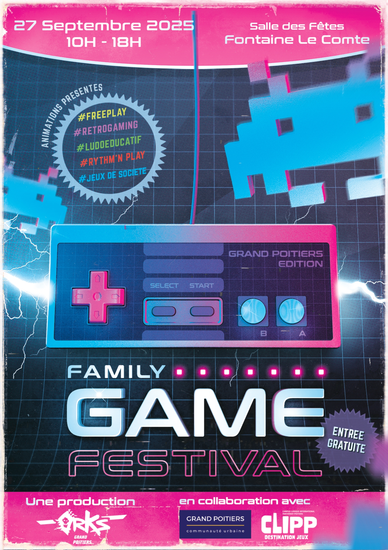 Affiche du Family Game Festival le 27 septembre 2025 à la Salle des Fêtes Fontaine Le Comte, de 10h à 18h, avec entrée gr