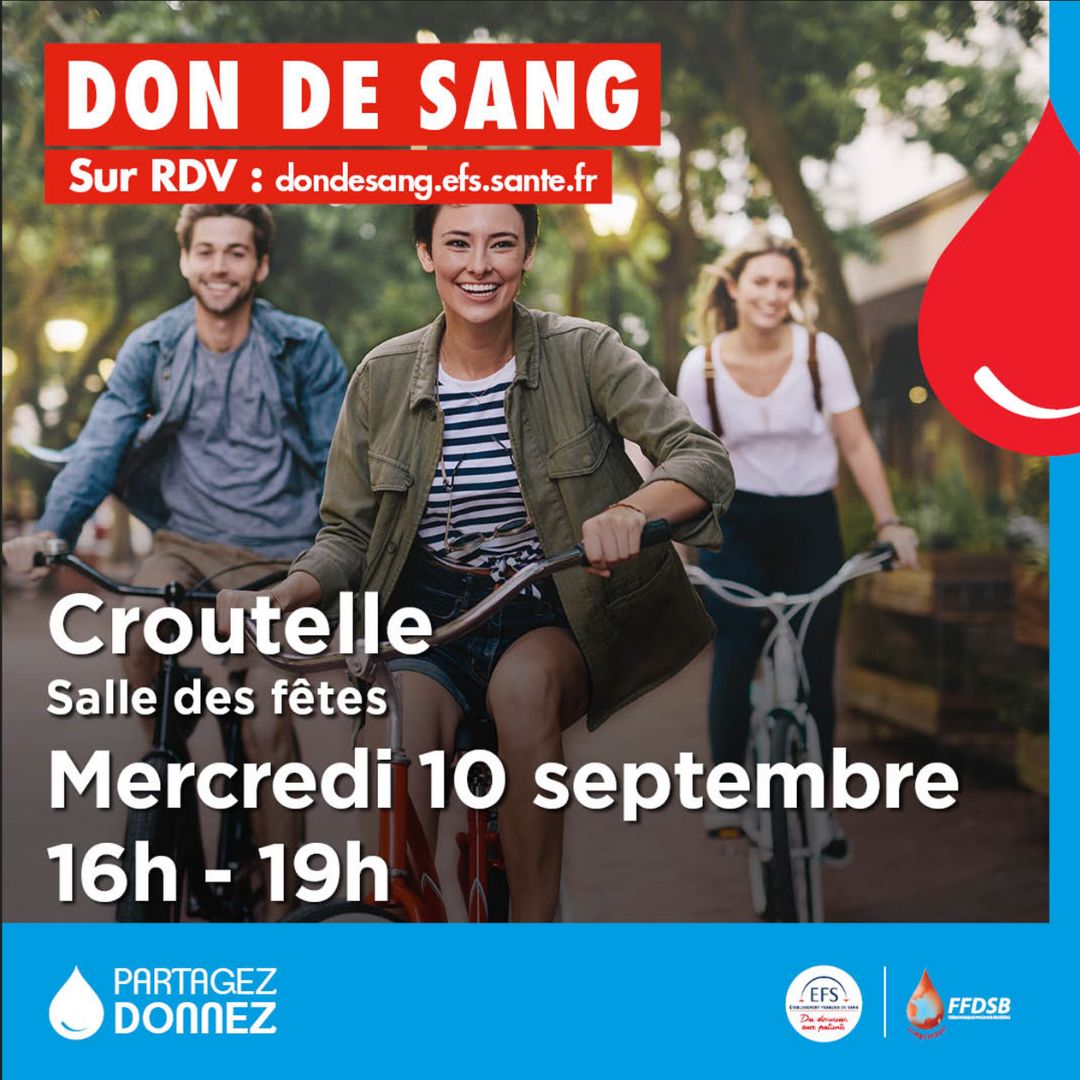 Affiche pour une collecte de sang le 10 septembre de 16h à 19h, avec des personnes à vélo.