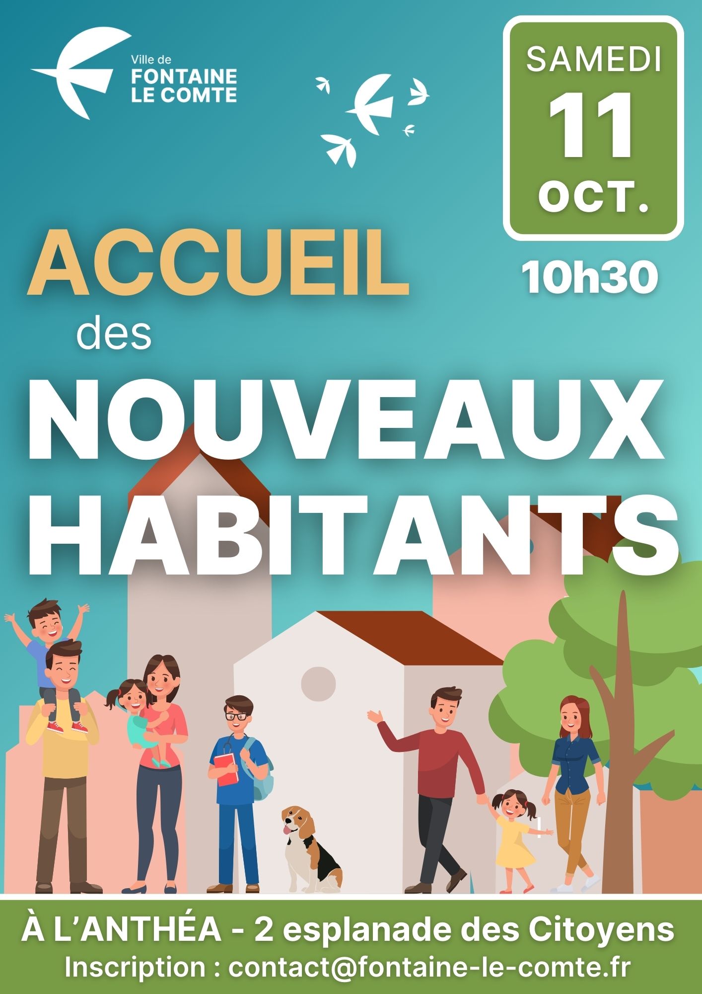 Affiche un événement de la ville de Fontaine-le-Comte le 11 octobre à 10h30, accueillant de nouveaux habitants à l'Anthé