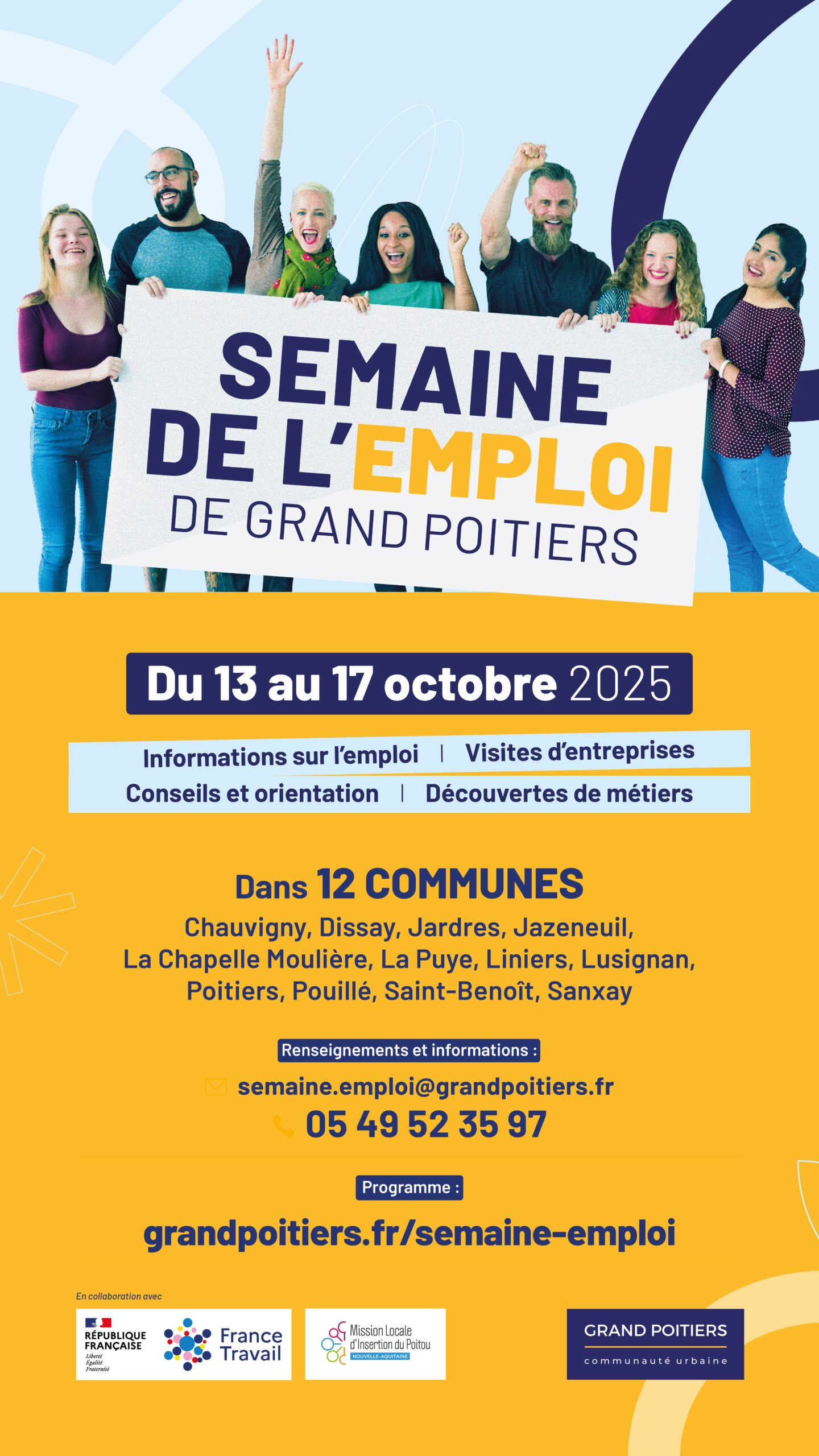 Affiche pour la Semaine de l'Emploi de Grand Poitiers du 13 au 17 octobre 2025, avec informations, visites, conseils et déco