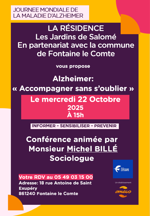Affiche pour une conférence sur la maladie d'Alzheimer le 22 octobre 2025 à 15h, animée par Michel Billé, sociologue, à 