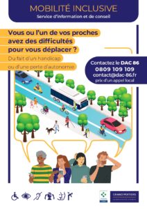 L'affiche propose un service d'information et de conseil pour les personnes ayant des difficultés à se déplacer. Elle invi
