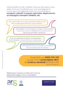 Affiche pour une plateforme de mobilité inclusive à Grand Poitiers, avec des options de transport et des questions sur les 