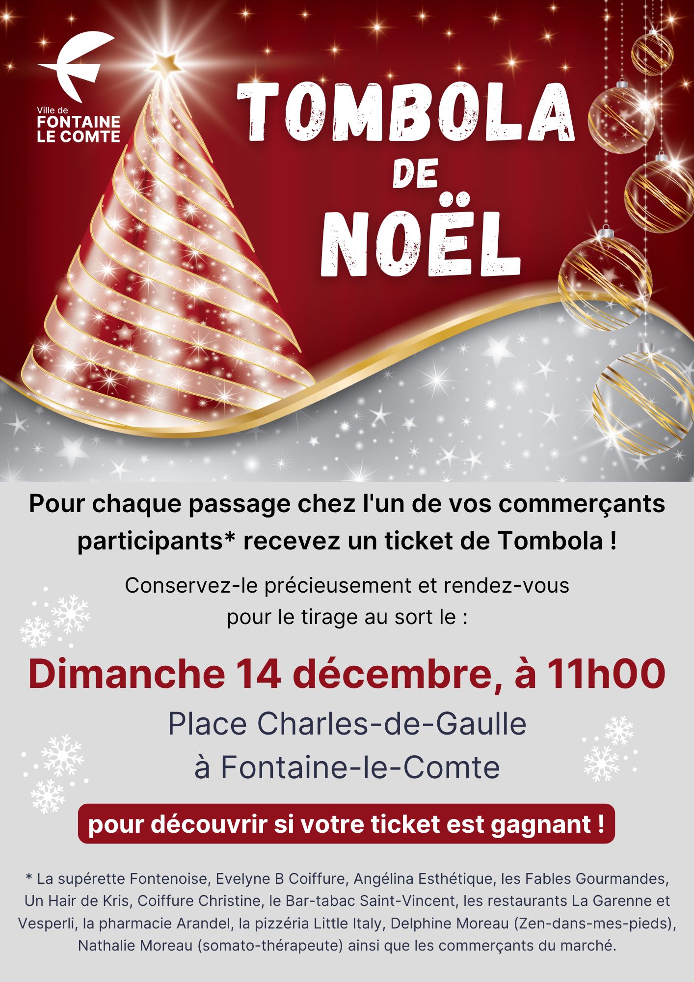 Affiche pour la tombola de Noël à Fontaine-le-Comte, avec tirage le 14 décembre à 11h00, place Charles-de-Gaulle.