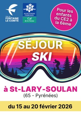 Affiche pour une journée de ski à St-Lary-Soulan du 15 au 20 février 2026, organisée par la Ville de Fontaine-le-Comte et