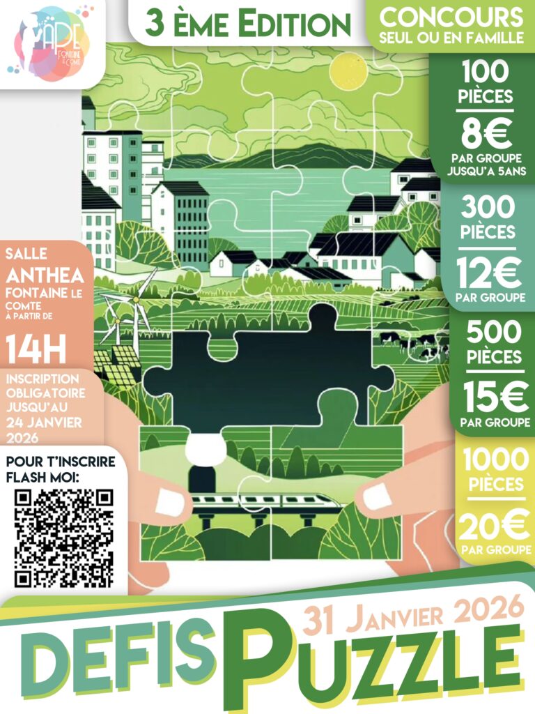 Affiche pour un concours de puzzles familial avec différentes tailles de puzzles et prix. Inscription obligatoire avant le 2