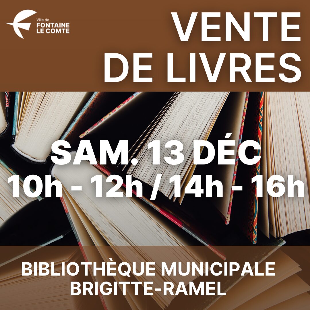 Affiche pour une vente de livres le 13 décembre à la bibliothèque municipale de Brigitte-Ramel, de 10h à 12h et de 14h à
