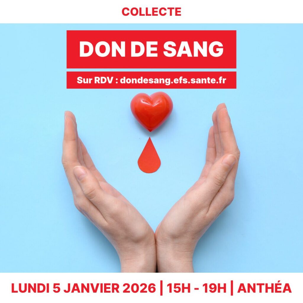 Affiche de collecte de sang le 5 janvier 2026 de 15h à 19h à Anthéa. Image de mains tenant un cœur avec une goutte de san