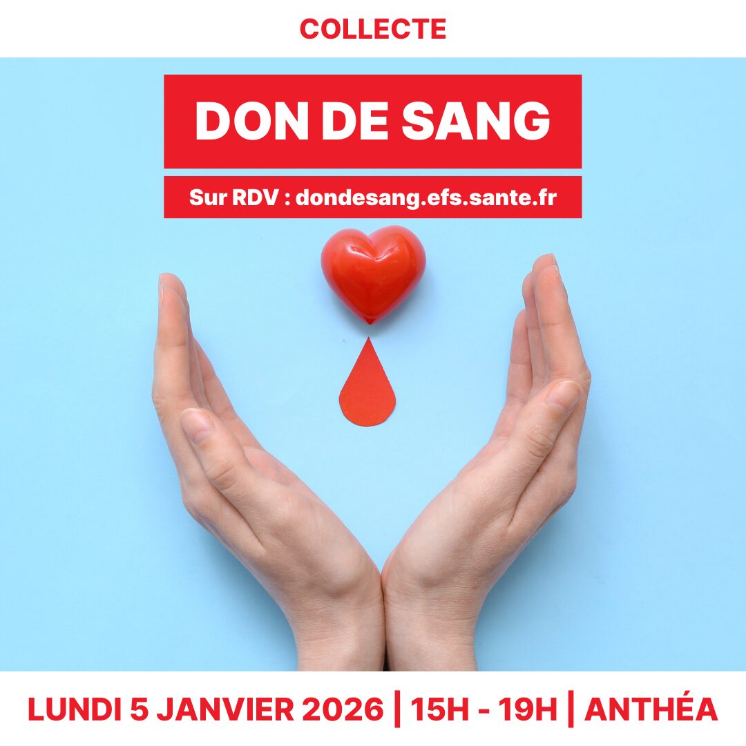 Affiche de collecte de sang le 5 janvier 2026 de 15h à 19h à Anthéa. Image de mains tenant un cœur avec une goutte de san