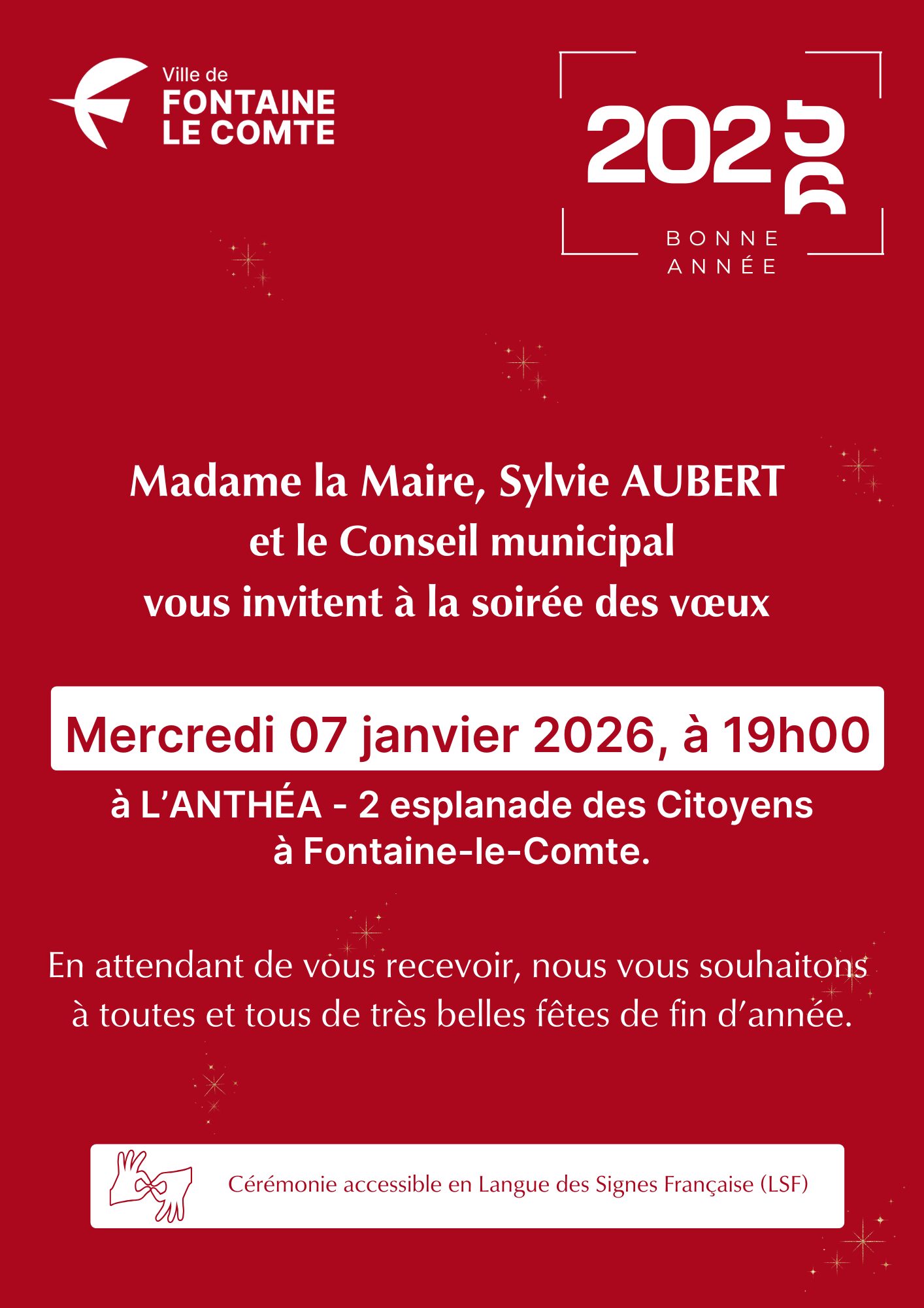 Invitation pour la soirée des vœux de la mairie de Fontaine-le-Comte le 7 janvier 2026 à 19h00 à L'ANTHÉA.