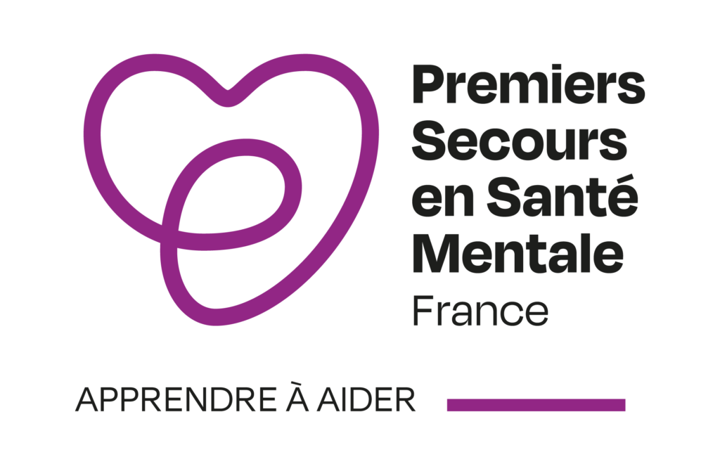 Logo Premiers Secours en Santé Mentale France : apprendre à aider, cœur entrelacé violet.