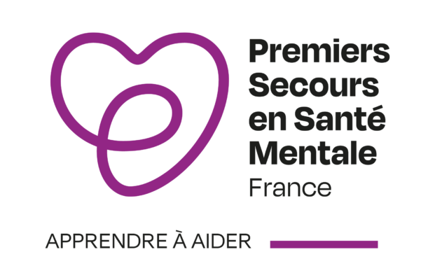 Logo Premiers Secours en Santé Mentale France : apprendre à aider, cœur entrelacé violet.