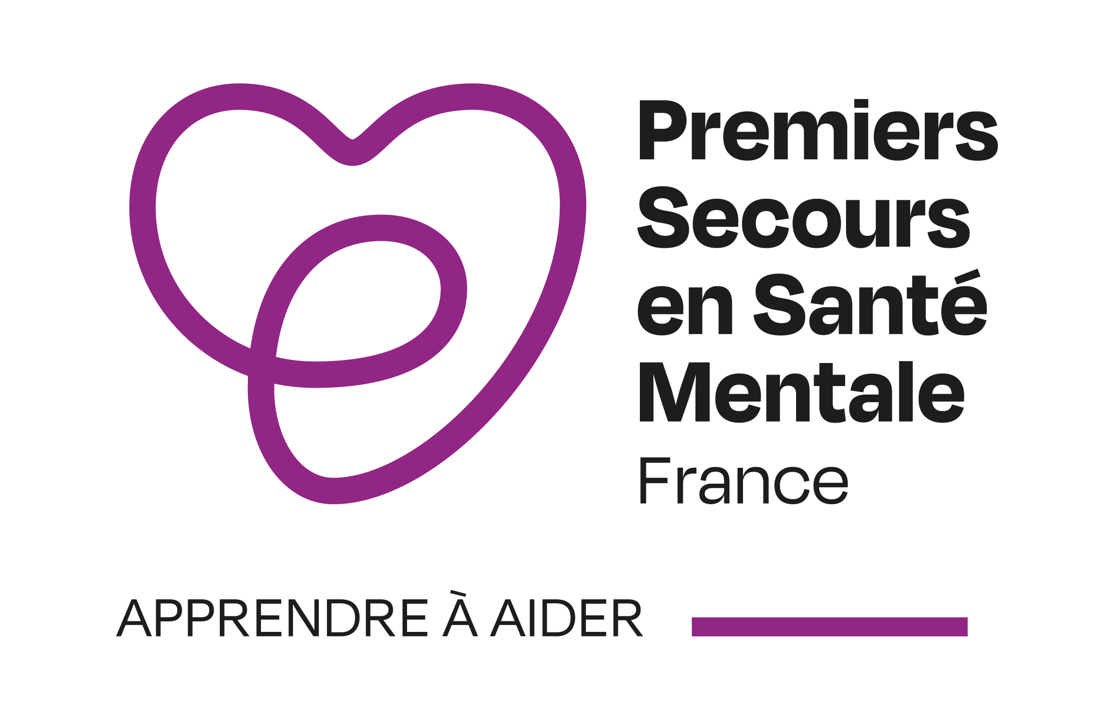Logo Premiers Secours en Santé Mentale France : apprendre à aider, cœur entrelacé violet.