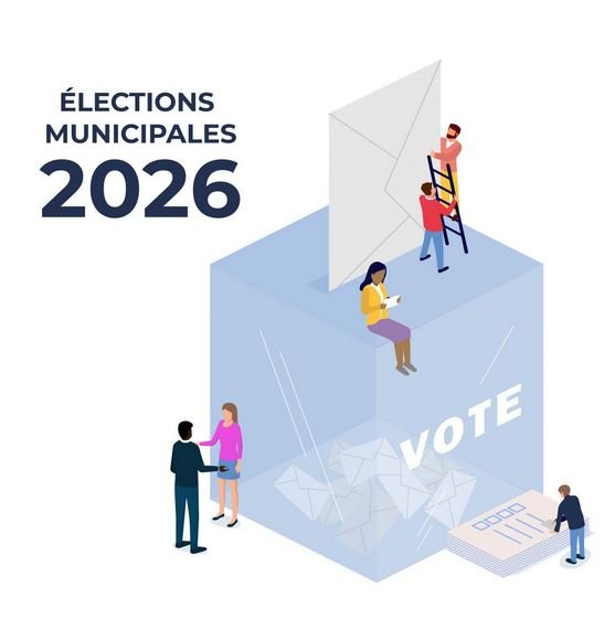 Affiche des élections municipales 2026 : illustration de vote avec des figurines et un isoloir géant.