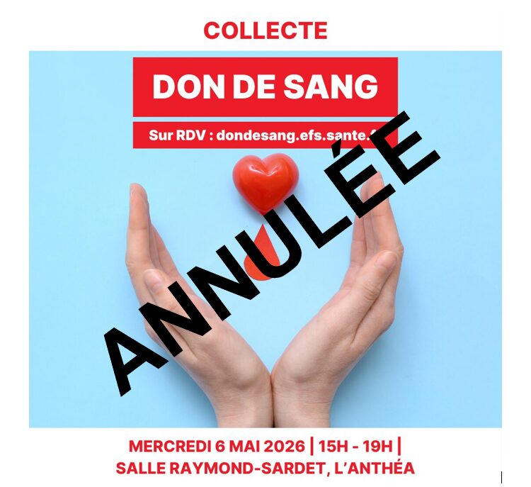 Mains tenant un cœur : collecte de sang annulée le 6 mai 2026 à L’Anthéa, salle Raymond-Sardet, 15h-19h.