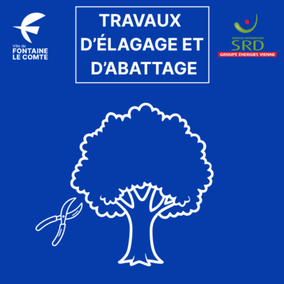 Pruning and tree cutting works by Ville de Fontaine-le-Comte et SRD. Scissors and tree illustration.