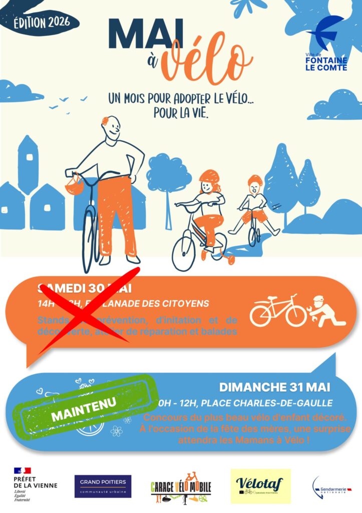 Affichage "Mai à vélo 2026" : Ville de Fontaine-le-Comte encourage le vélo pour la vie avec événements annulés le 30 ma