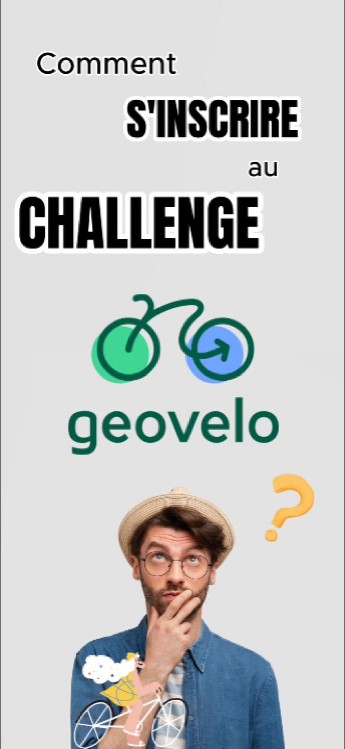 Image : Homme perplexe avec logo "geovelo". Texte : "Comment s’inscrire au challenge geovelo ?"