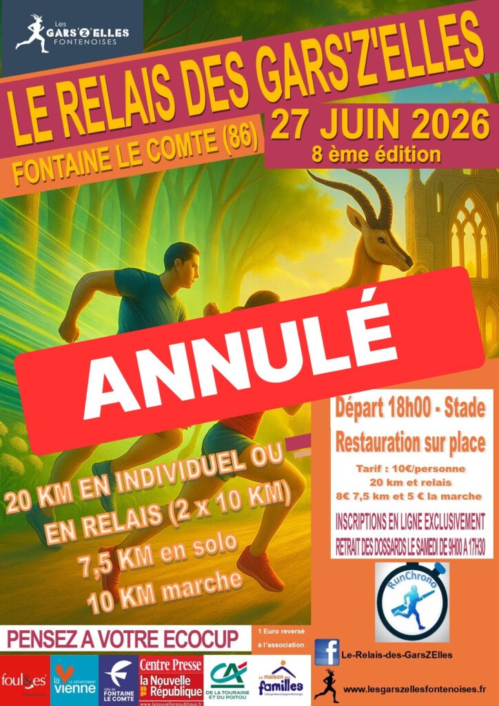 Affichage : Relais des Gars'zZelles annulé le 27 juin 2026 à Fontaine-le-Comte. Course 20 km, relais, marche. Infos : lesga