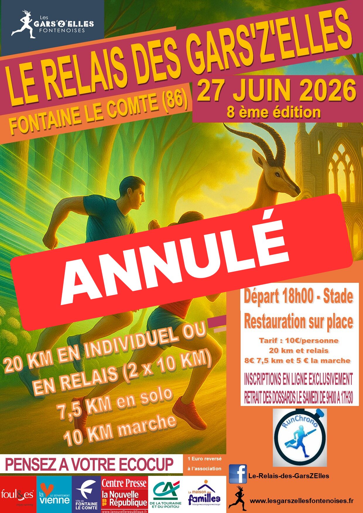 Affichage : Relais des Gars'zZelles annulé le 27 juin 2026 à Fontaine-le-Comte. Course 20 km, relais, marche. Infos : lesga