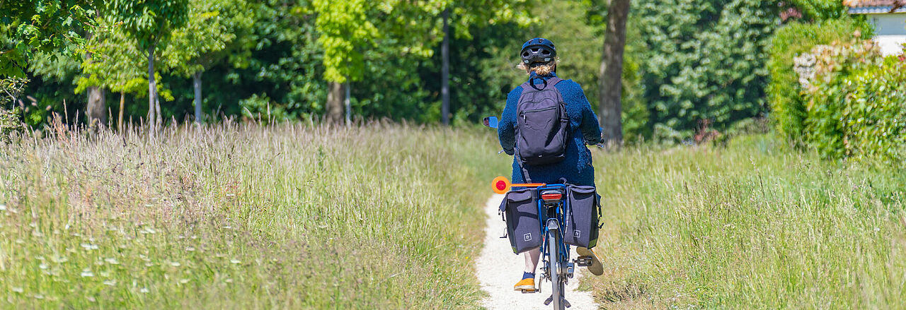 Cycliste en tenue sportive roulant sur une piste forestière avec un vélo chargé de bagages, entouré de végétation.