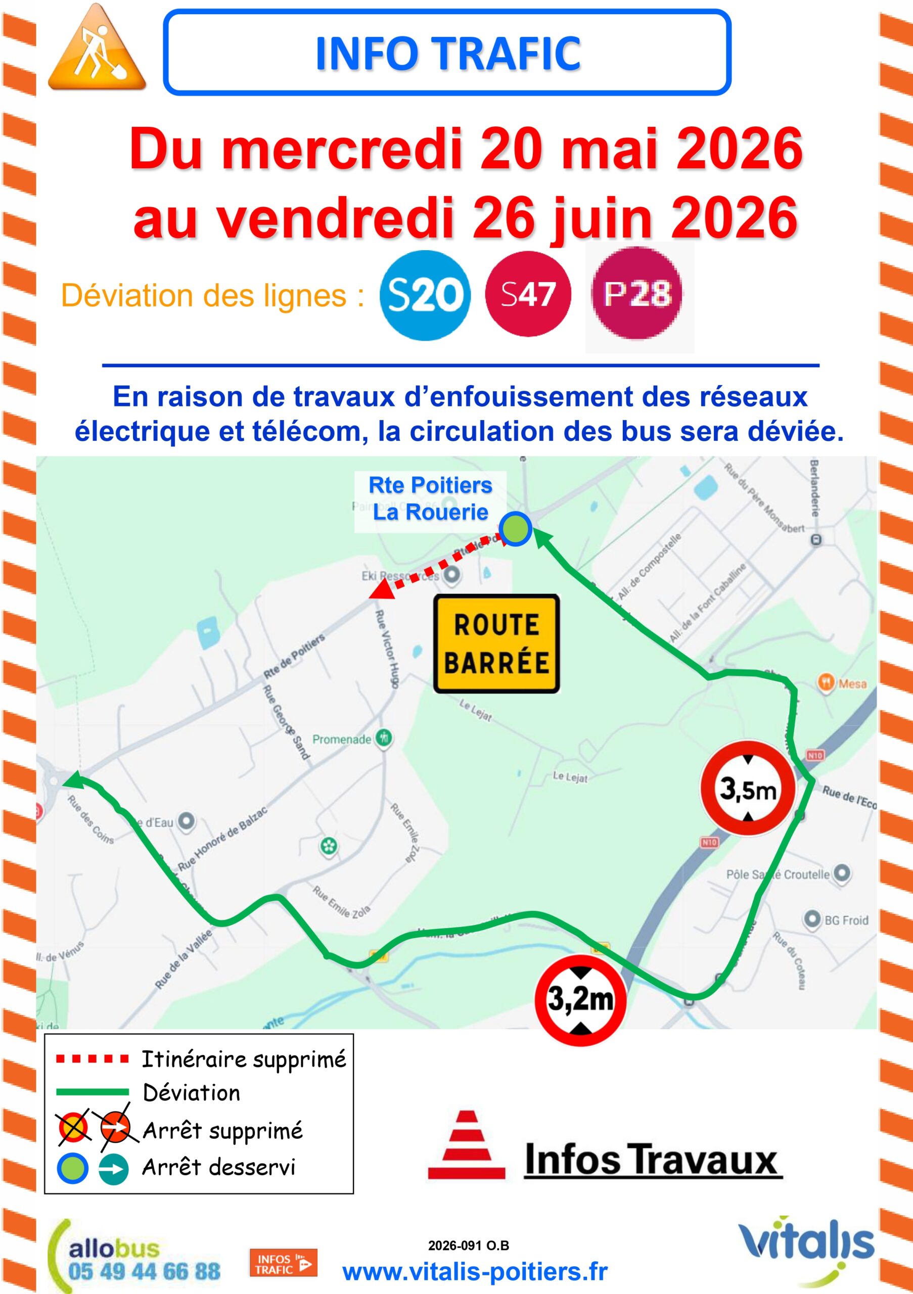 Info trafic : Du 20 mai au 26 juin 2026, déviation lignes S20, S47, P28 pour travaux. Route barrée et itinéraires modifié
