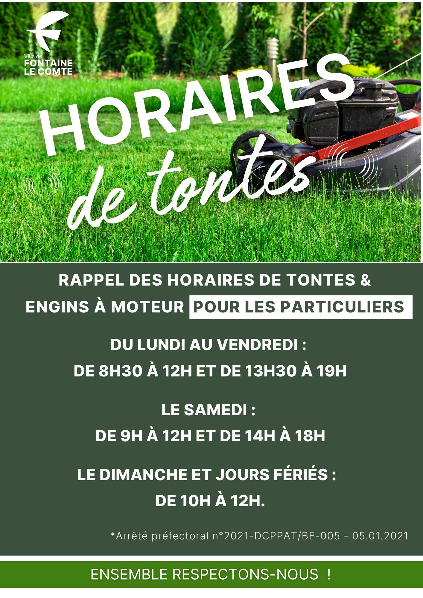 Affichage des horaires de tonte et utilisation d’engins motorisés pour particuliers à Fontaine-le-Comte.