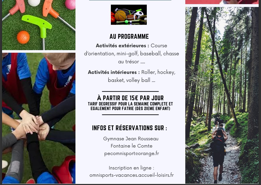 Affichage : Activités sportives enfants. Mini-golf, orientation, sports intérieurs. À partir de 15€/jour. Gymnase Jean R