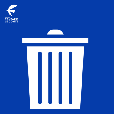 Trémie de poubelle municipale, logo Ville de Fontaine-le-Comte. Icone d’accessibilité.