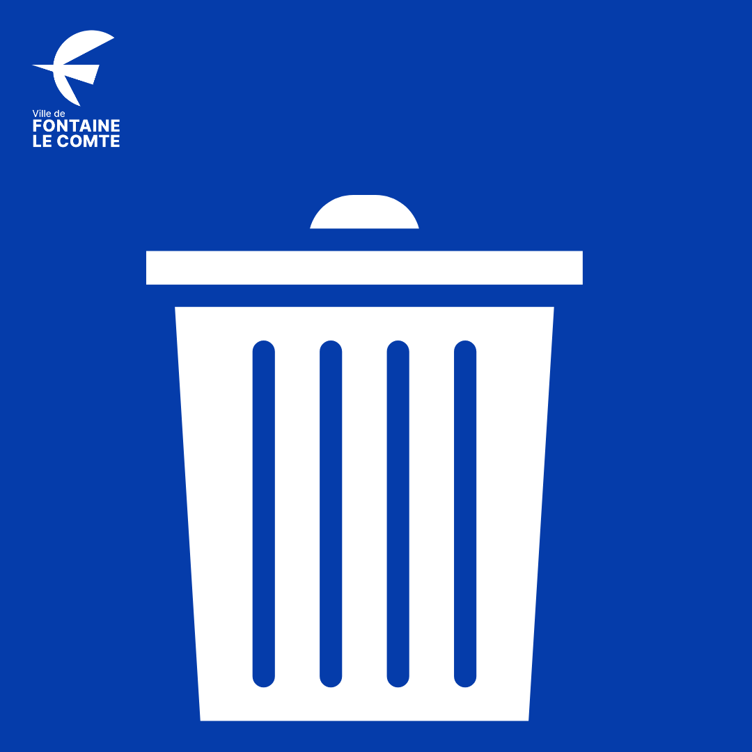 Trémie de poubelle municipale, logo Ville de Fontaine-le-Comte. Icone d’accessibilité.