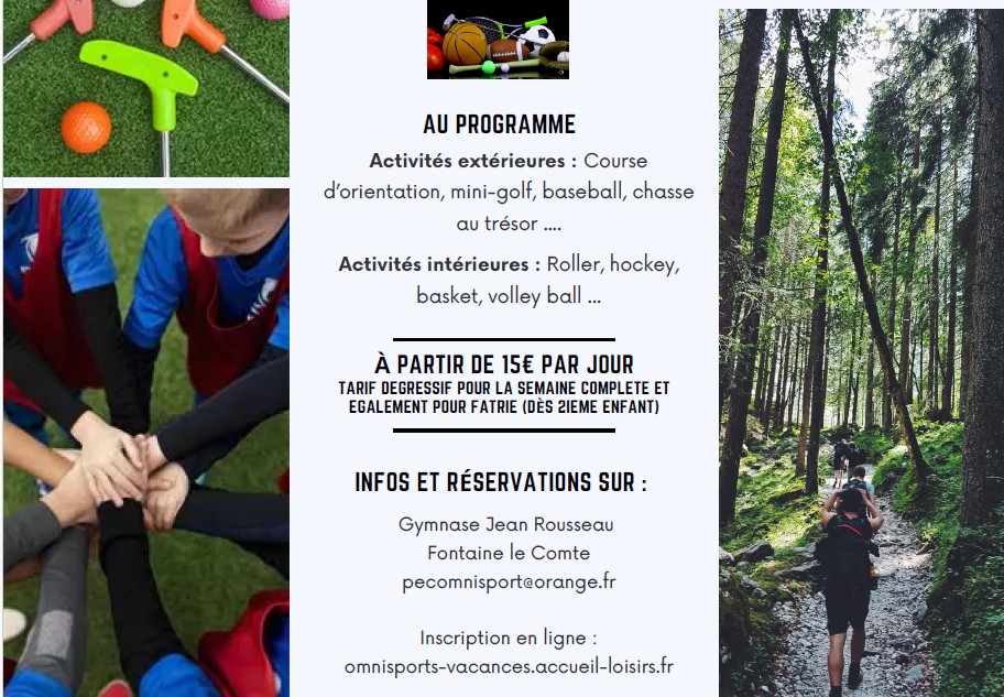 Affichage : Activités sportives enfants. Extérieur : orientation, mini-golf, baseball. Intérieur : roller, basket. À part