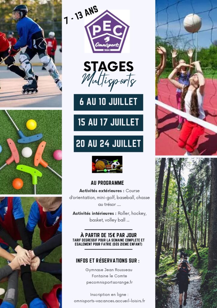 Affichage : Stages multisports PEC Omnisports 7-13 ans, 6-24 juillet. Activités intérieures et extérieures. Infos : pecomn