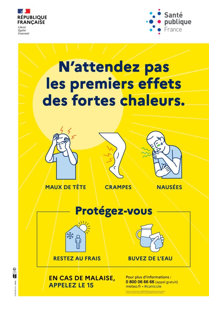Affiche santé : "Ne tardez pas face aux effets de la chaleur. Maux de tête, crampes, nausées. Protégez-vous : restez frai