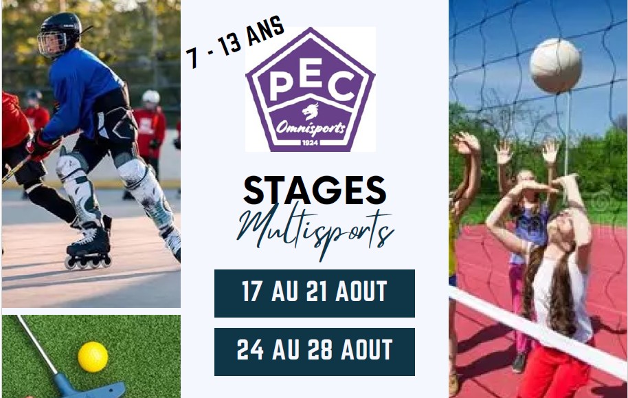 Affichage : Stages multisports PEC Omnisports, 7-13 ans, roller, volley, golf, du 17 au 28 août.