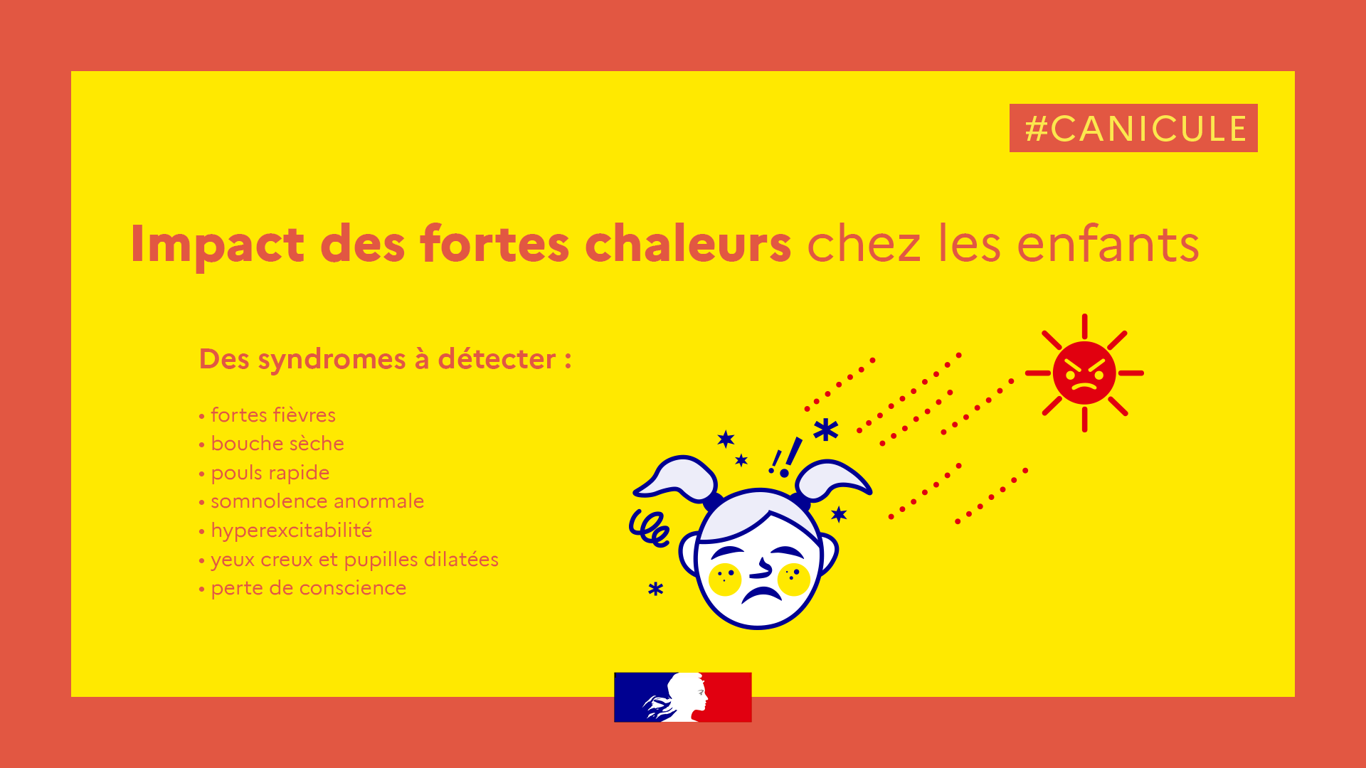 Infographie : Impact des fortes chaleurs chez les enfants. Syndromes à détecter : fièvre, sécheresse buccale, pouls rapid
