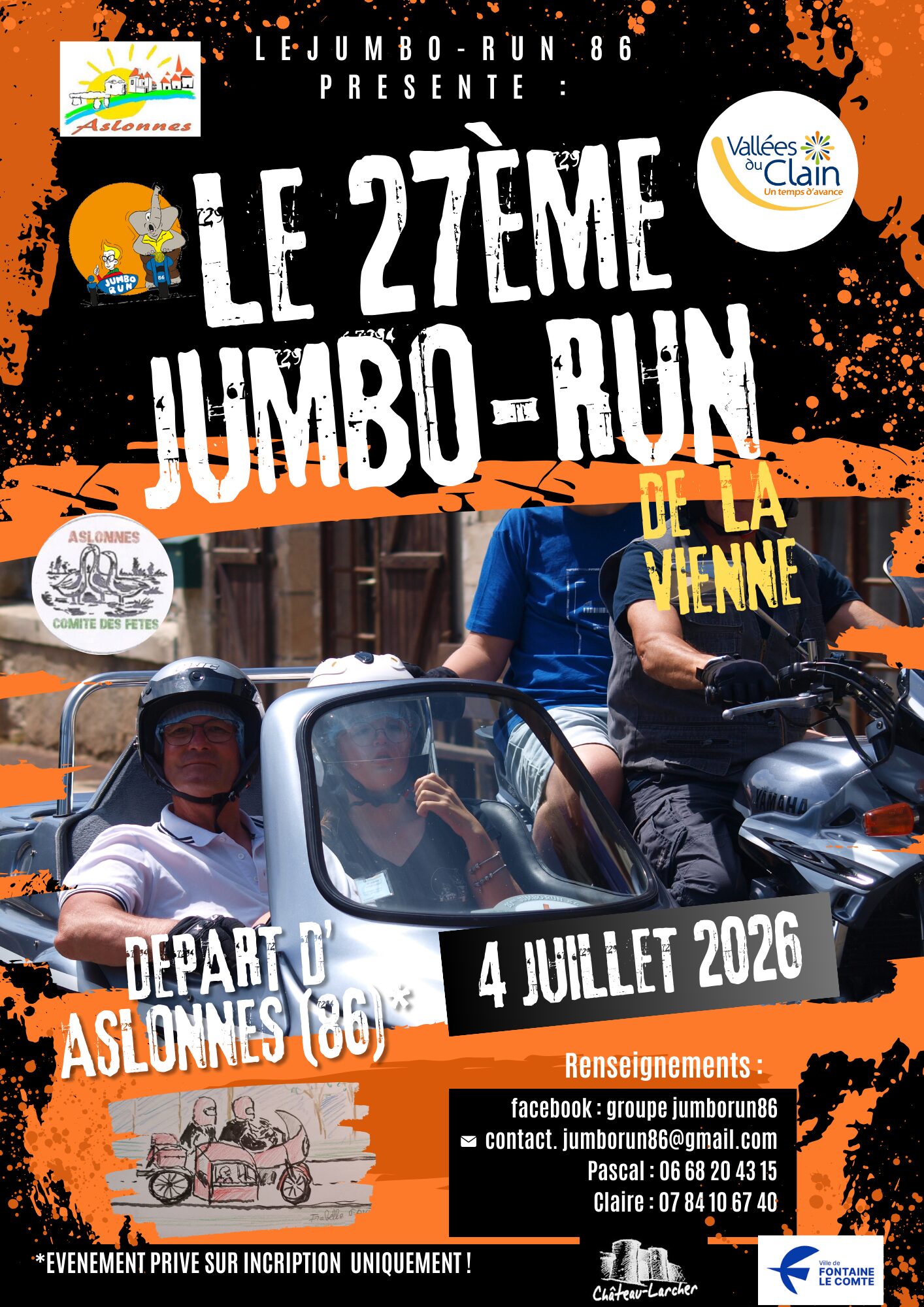 Affiche du 27ème Jumbo-Run 86 : départ Aslonnes le 4 juillet 2026. Course privée sur inscription. Contact : groupe jumboru