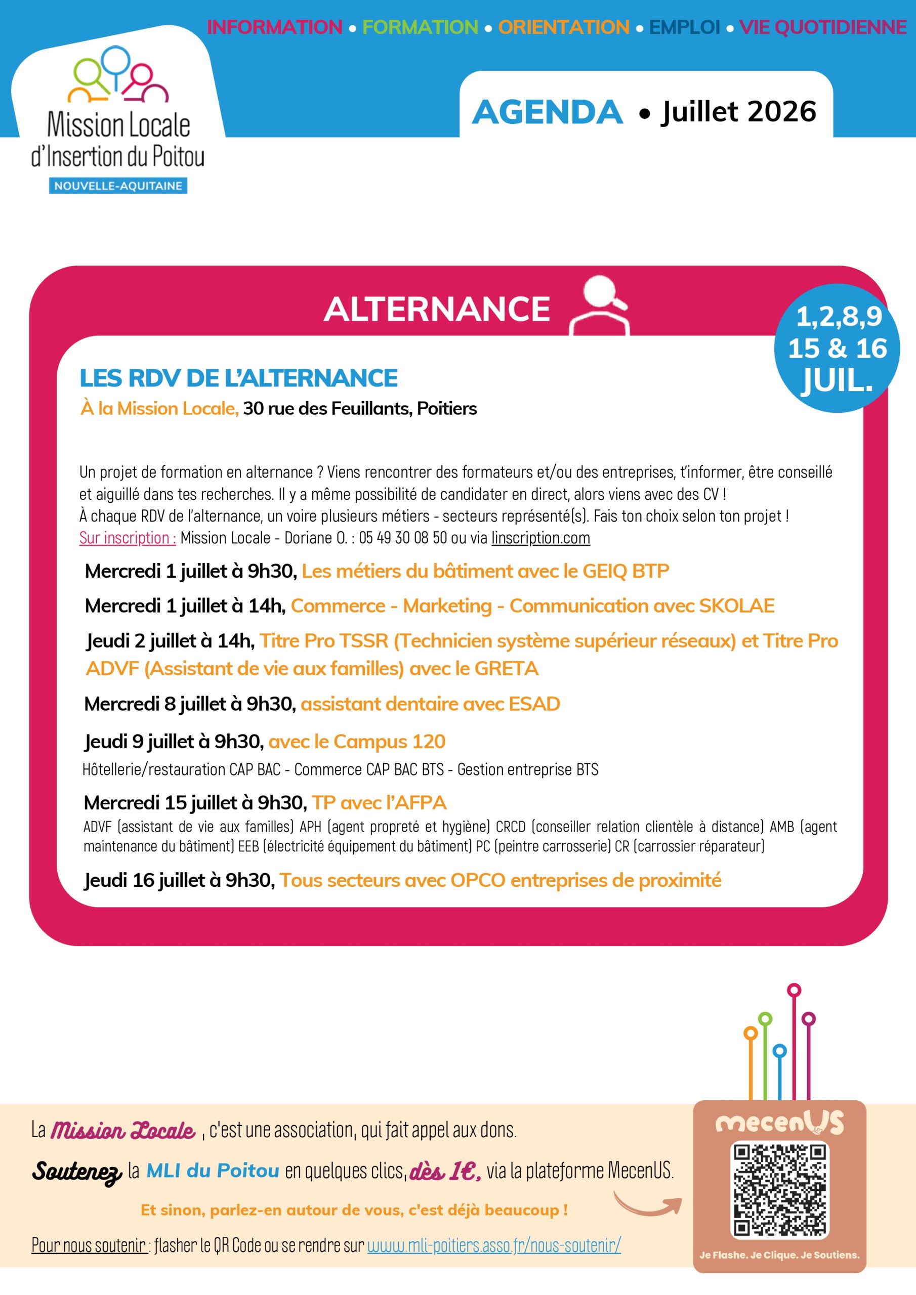 Agenda alternance juillet 2026 : RDV métiers à Poitiers, inscriptions via Mission Locale. Dates : 1, 2, 8, 9, 15, 16 juille
