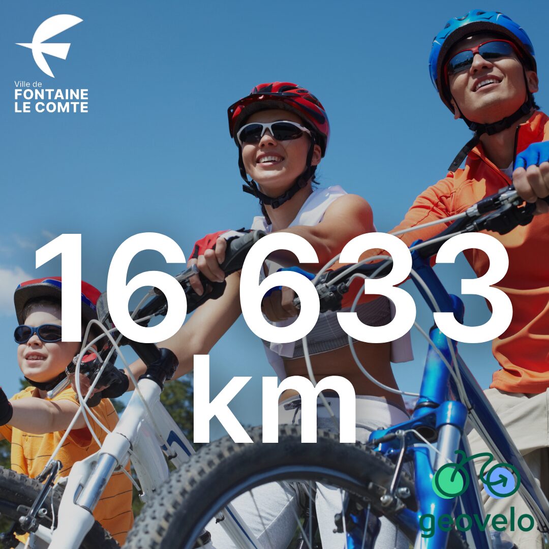 Trois cyclistes souriants, casqués, sur vélo. Distance parcourue : 1663 km, Ville de Fontaine-le-Comte, événement geovelo