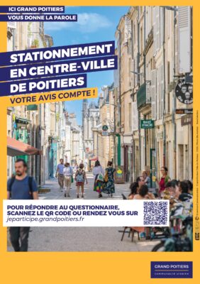 Affichage : Sondage stationnement à Poitiers. Répondez via QR code ou lien pour donner votre avis. Grand Poitiers.