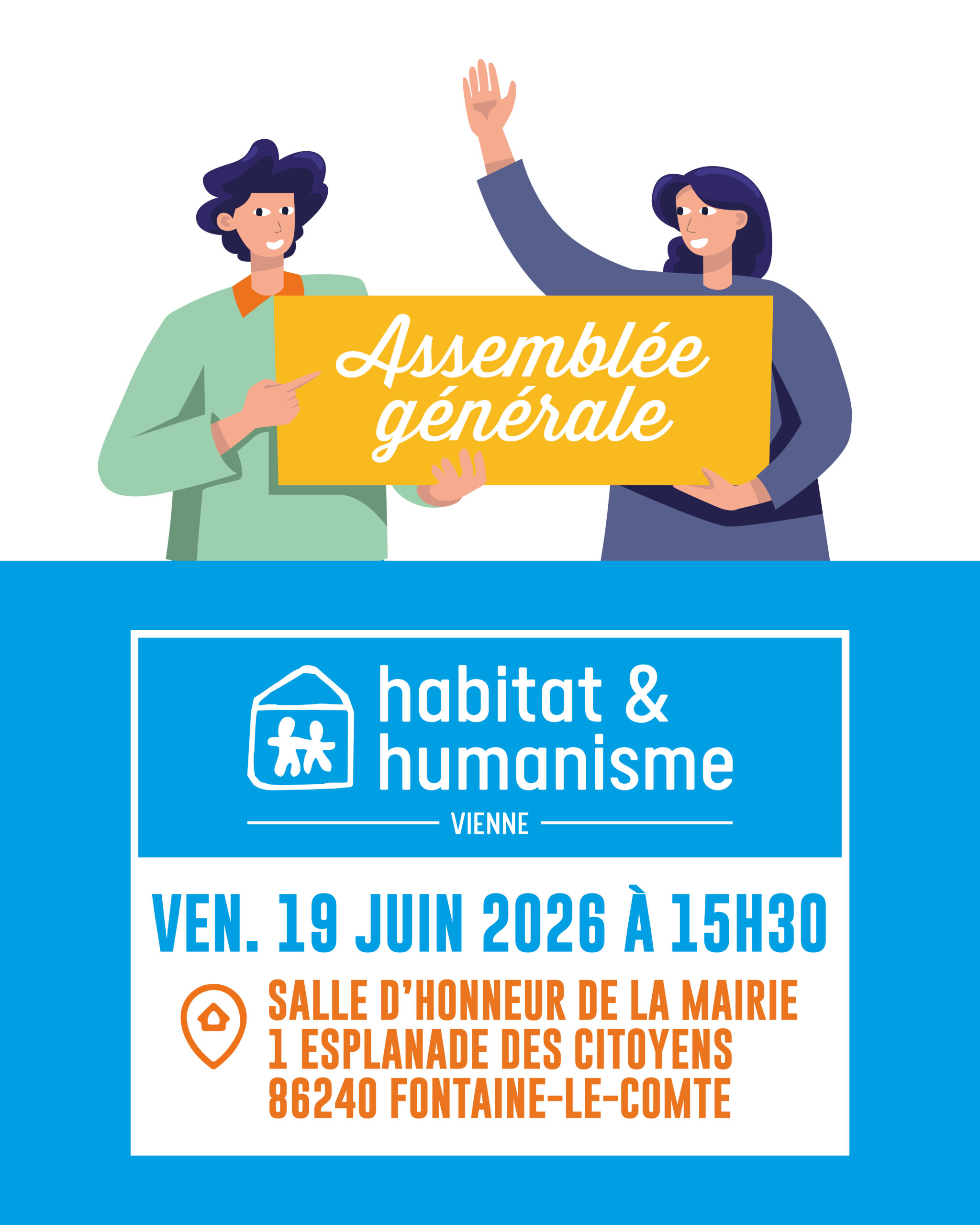 Affichage : Assemblée générale Habitat & Humanisme Vienne, 19 juin 2026 à 15h30, salle d'honneur de la mairie.