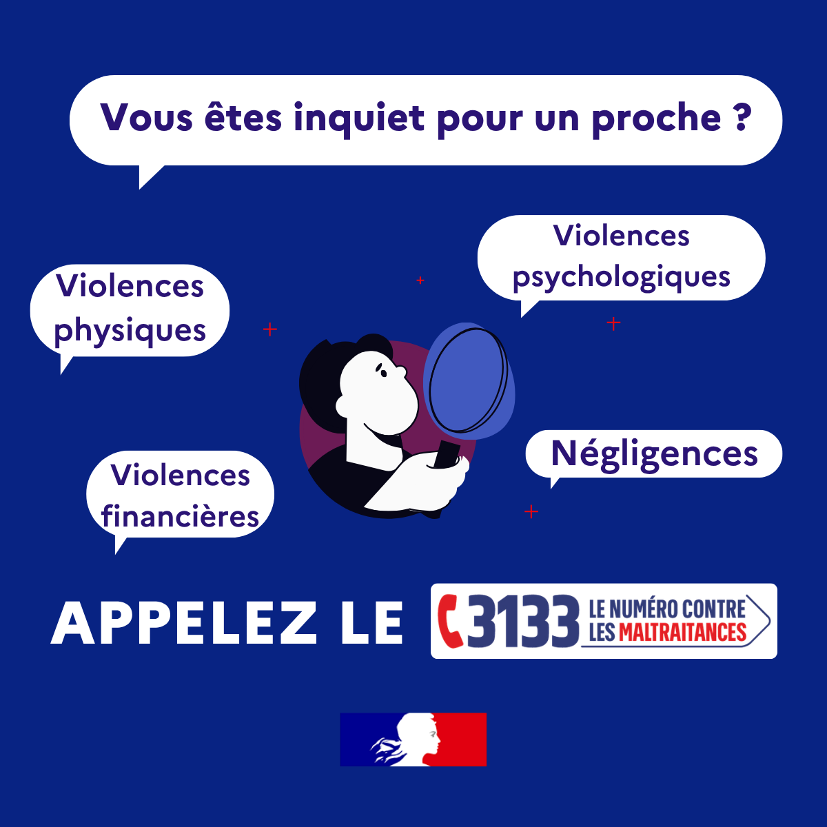 Affiche : Aidez un proche en danger. Violences physiques, psychologiques, financières ou négligences ? Appelez le 3133, num