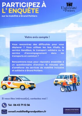 Affiche : Sondage sur la mobilité à Grand Poitiers. Participez à un questionnaire de 15 min pour améliorer les transports