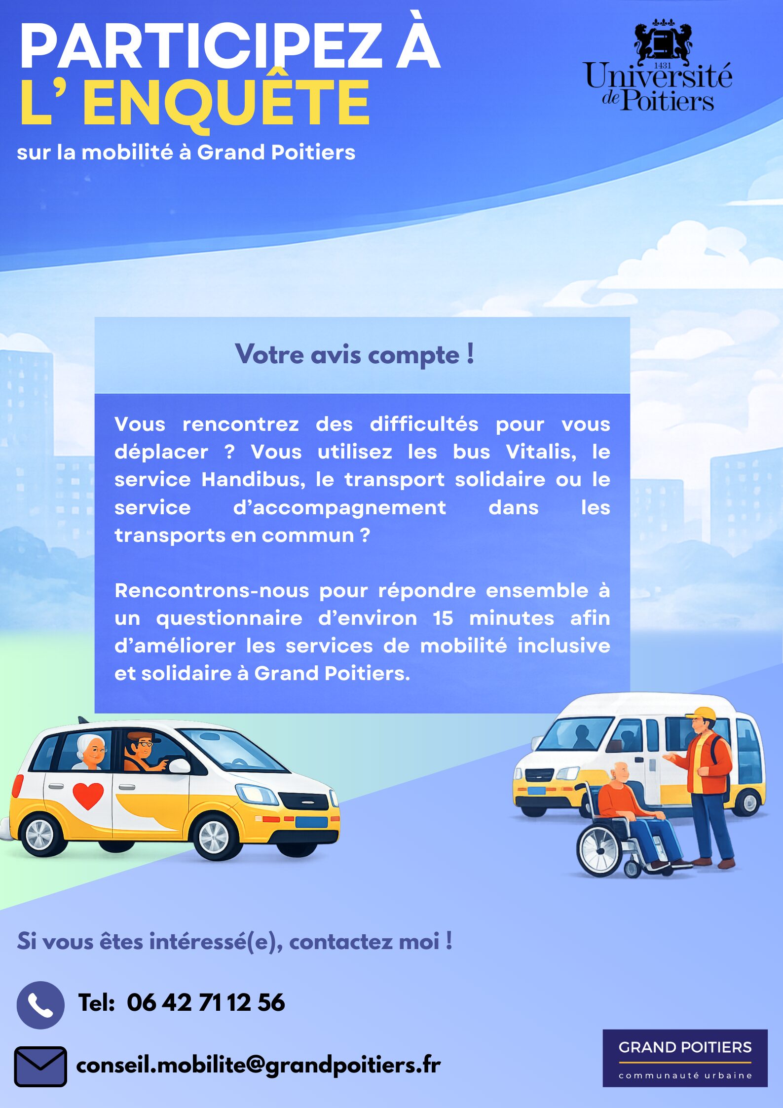 Affiche : Sondage sur la mobilité à Grand Poitiers. Participez à un questionnaire de 15 min pour améliorer les transports