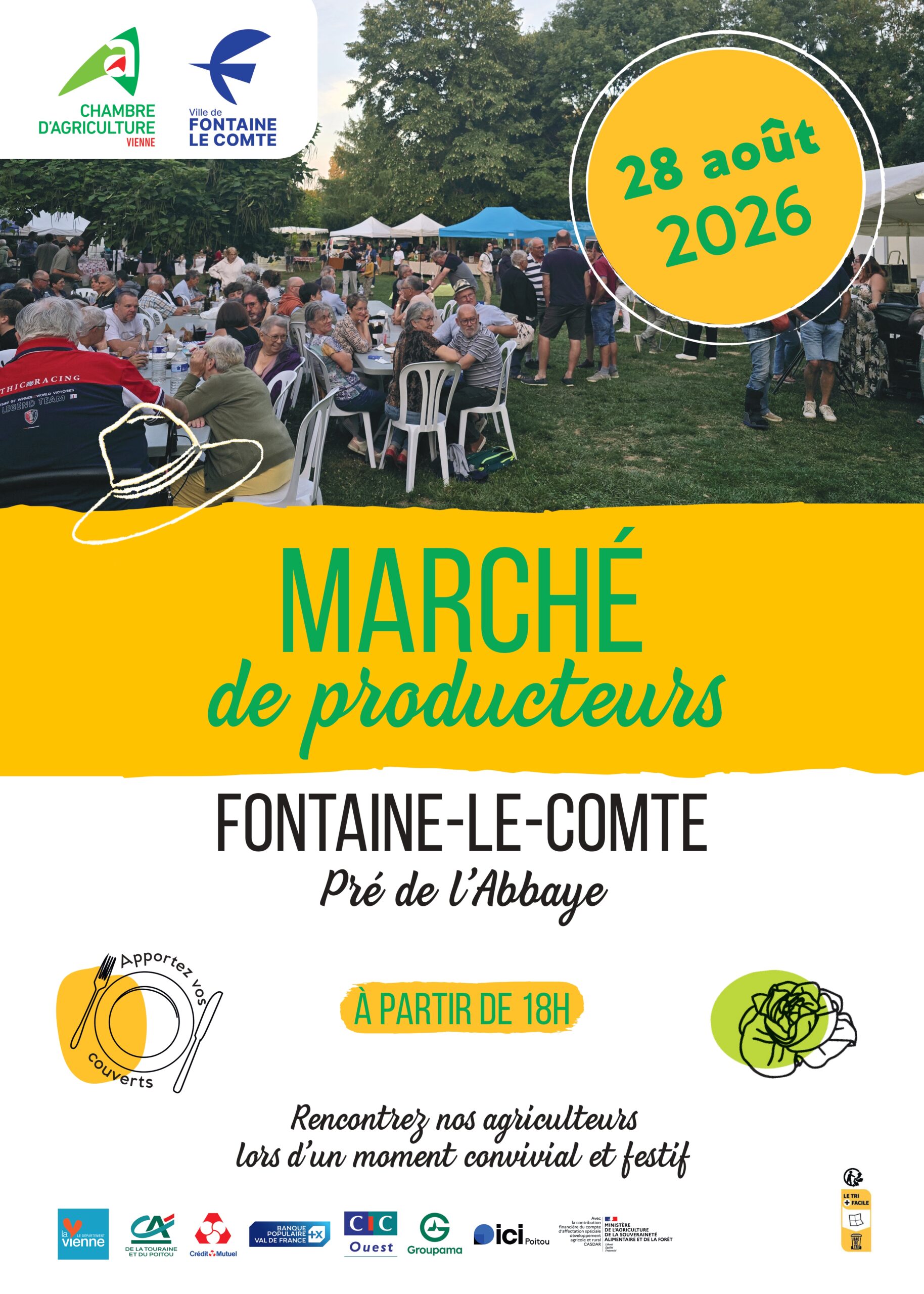 Affichage : Marché de producteurs à Fontaine-le-Comte, 28 août 2026, Pré de l'Abbaye, dès 18h. Rencontres conviviales av