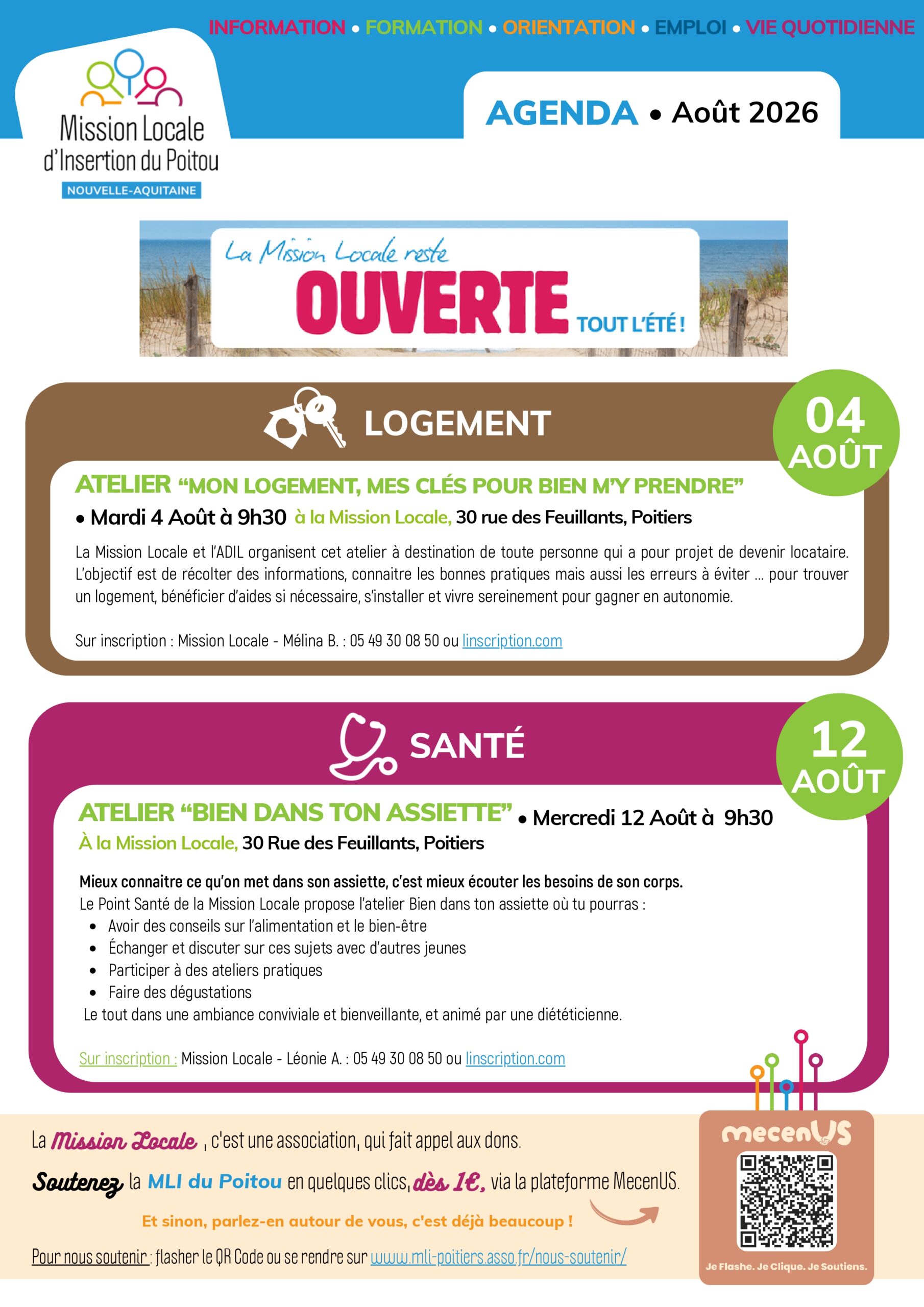 Agenda août 2026 de la Mission Locale du Poitou : ateliers logement (04/08) et santé (12/08). Infos et inscriptions sur ins