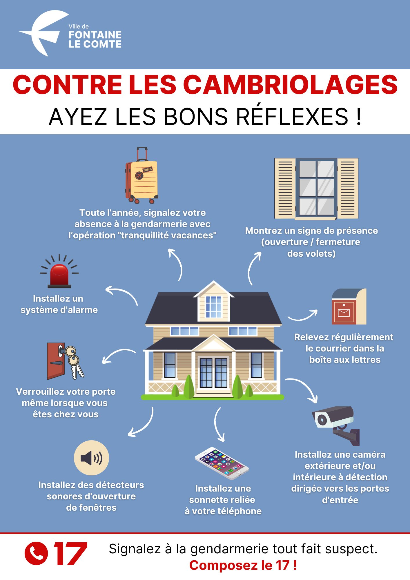 Infographie : Conseils pour prévenir les cambriolages. Signalez votre absence, sécurisez votre domicile avec alarmes, camé