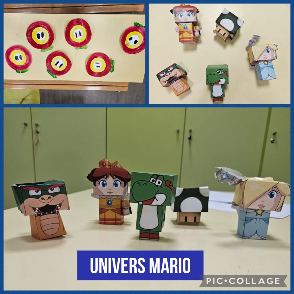 Papier découpé : personnages du "Univers Mario" en exposition, créations colorées et variées.