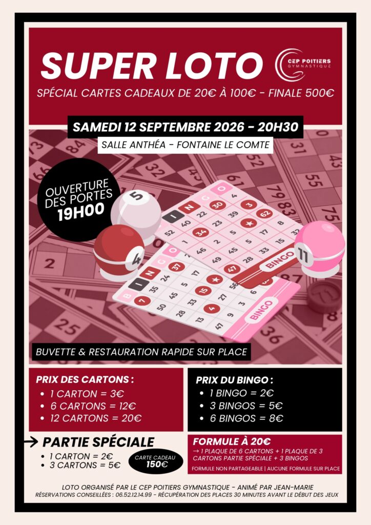 Poster Super Loto : Loterie spéciale cartes cadeaux 20€-100€, finale 500€, samedi 12 septembre 2026 à 20h30, salle An