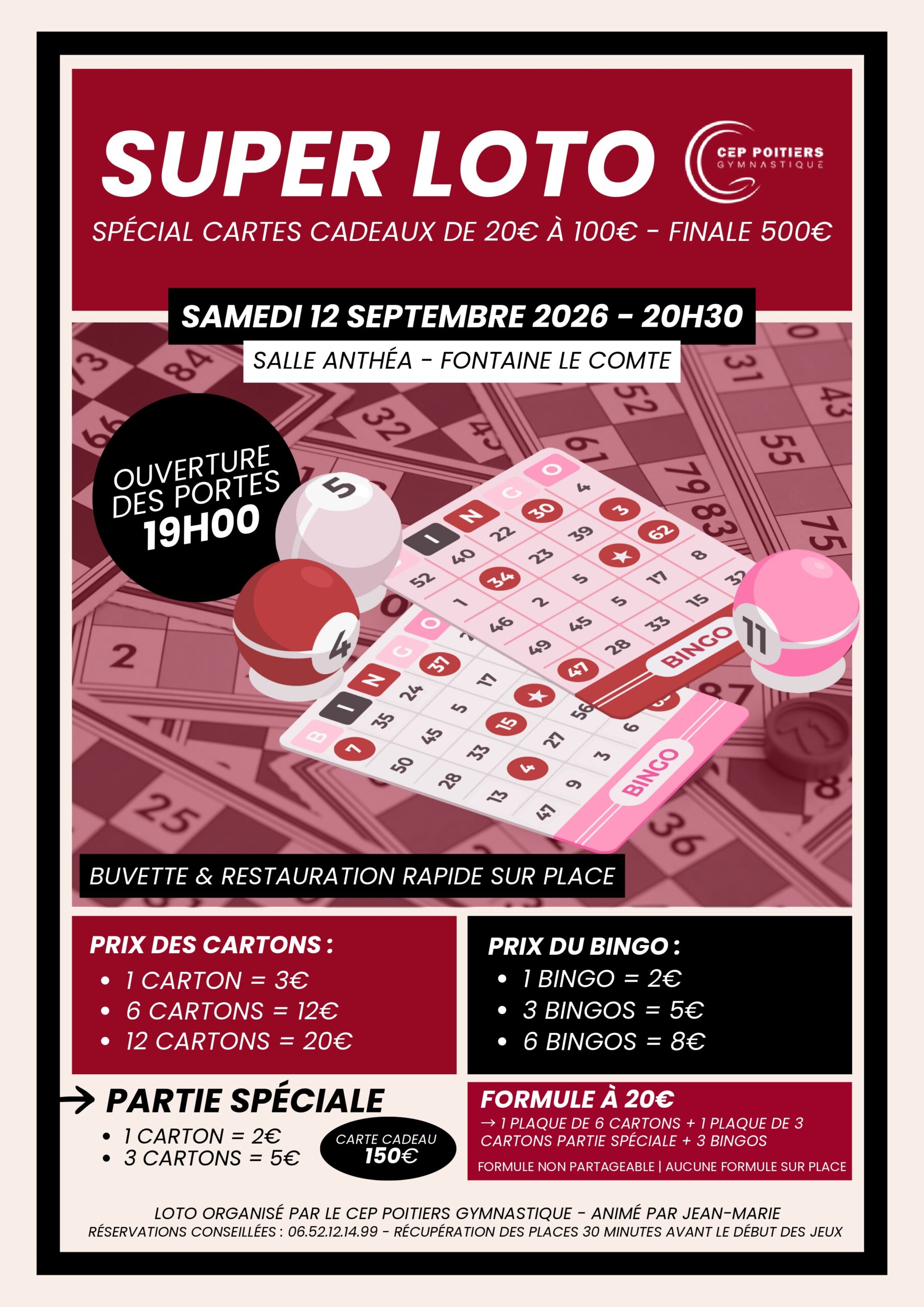 Poster Super Loto : Loterie spéciale cartes cadeaux 20€-100€, finale 500€, samedi 12 septembre 2026 à 20h30, salle An